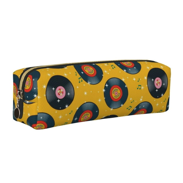 Balery Retro Vinyl Records Estuche de Lápices de Cuero Impreso, Estuche para Suministros de Arte, Estuche de Lápices con Cremallera, Estuche de Almacenamiento de Papelería