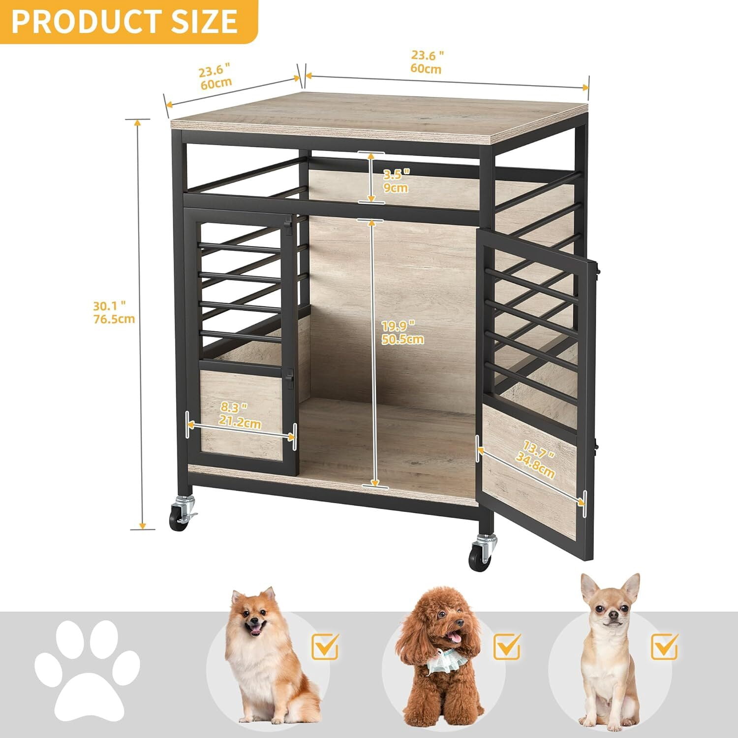 Uforic 23.6" Dog Crate Furniture Wooden Dog House with Wheels, Dog Kennel Indoor for Small Medium Dogs - Brown & Black