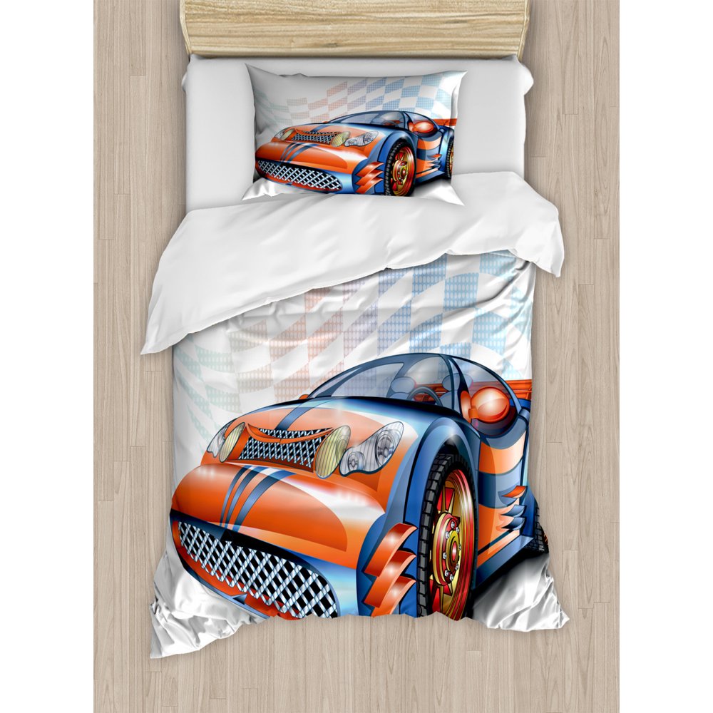 Cars Duvet Cover Set, Cartoon Style Speeding Racing Car Event