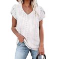 thumbnail image 2 of Camiseta de manga corta con pétalos para mujer, camiseta informal con cuello en V y agujeros ahuecados para uso en verano, color blanco M, 2 of 5