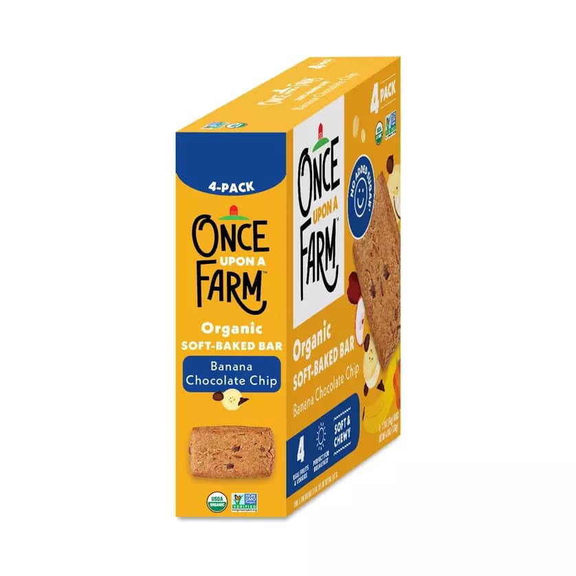Once Upon a Farm | Organic Banana Chocolate Chip Soft Baked Bar | Chocolate, Banana, Vanilla & Oats | Made with Real Fruit & Veggies | No Added Sugar | 8 Boxes