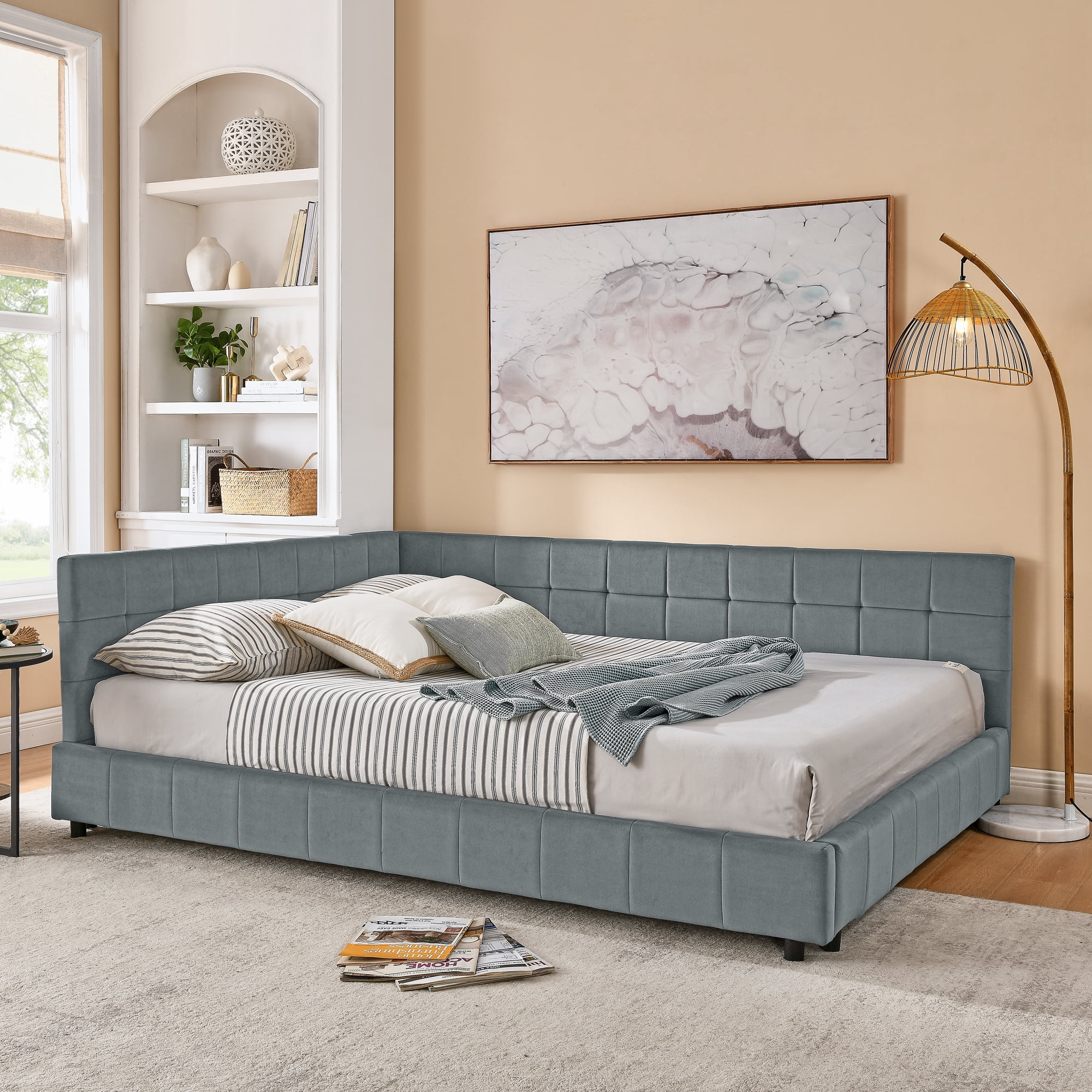 Ffz Queen Size Upholstered Tufted Bed Frame, Sofa Bed Frame With Comfortable Backrest And Armrests, Queen Size Bed For Bedroom, Living Room,Velvet