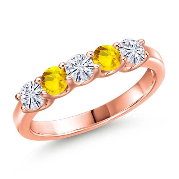 Gem Stone King 18K Rose Gold Plated Silver White Moissanite and Yellow Sapphire Wedding-Bands Ring for Women | 0.80 Cttw | Round 3.5MM | Gemstone Birthstone | Size 7