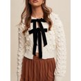 thumbnail image 5 of Michellecmm Women's Cable Knitted Cardigan Bow Tie-up Closure 3D Balls Ribbed Long Sleeve Crew Neck Sweaters, 5 of 9
