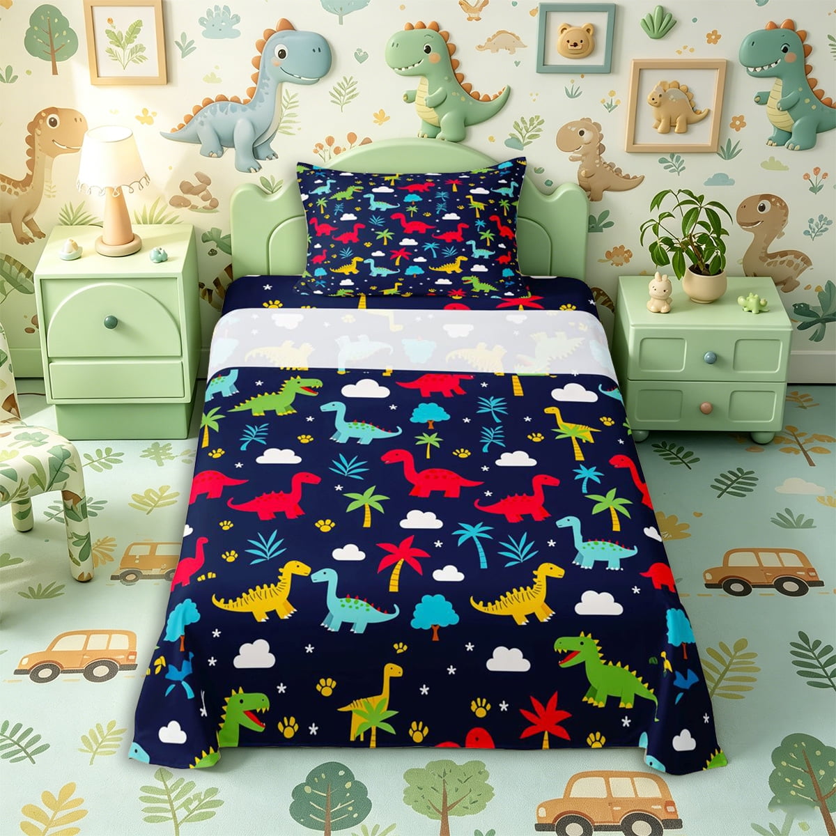 Metsweet Jungle Dinosaurs Twin Sheets 3pcs Cute Animal Bedding Blue Green Red 1 Fitted Sheet 1 Flat Sheet and 1 Pillowcase
