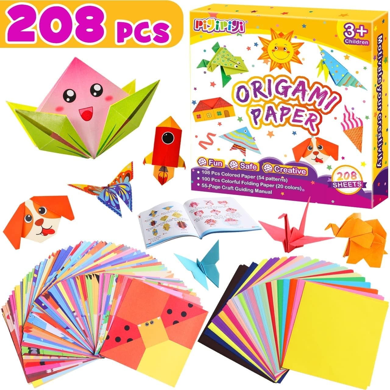 pigipigi Craft Origami Paper for Kids - 208 Sheets Vivid Colorful Folding Papers 54 Patterns Art Projects Easter Basket Stuffers for Kids Kit for Girl Boy Teen Birthday Gift Preschool Educational Toy