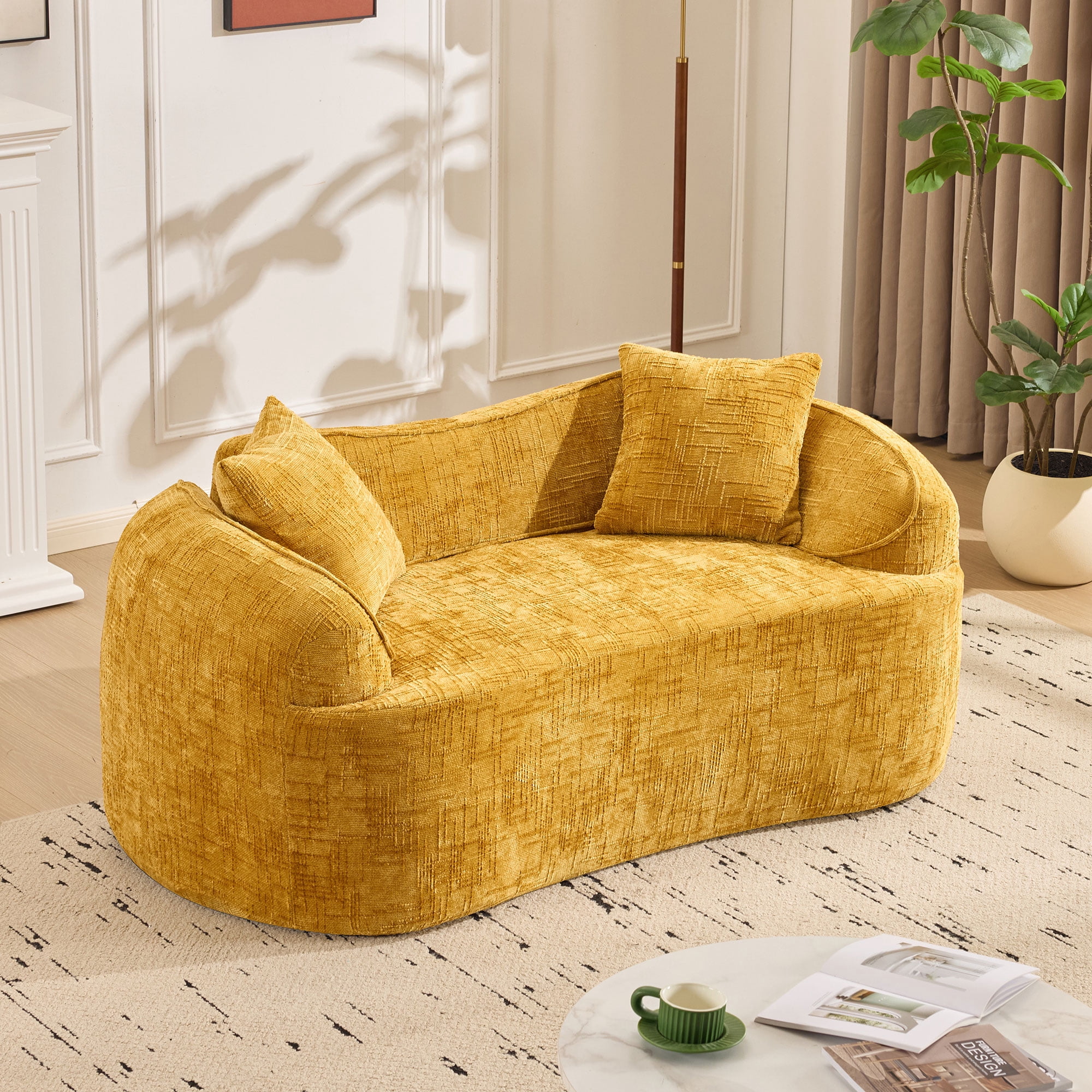Curved Loveseat, Yellow Compress Chenille Sofa with Two Pillows and Armrests, Foam Spring 2-Seater for Small Apartment Living Room or Bedroom, 67-Inch