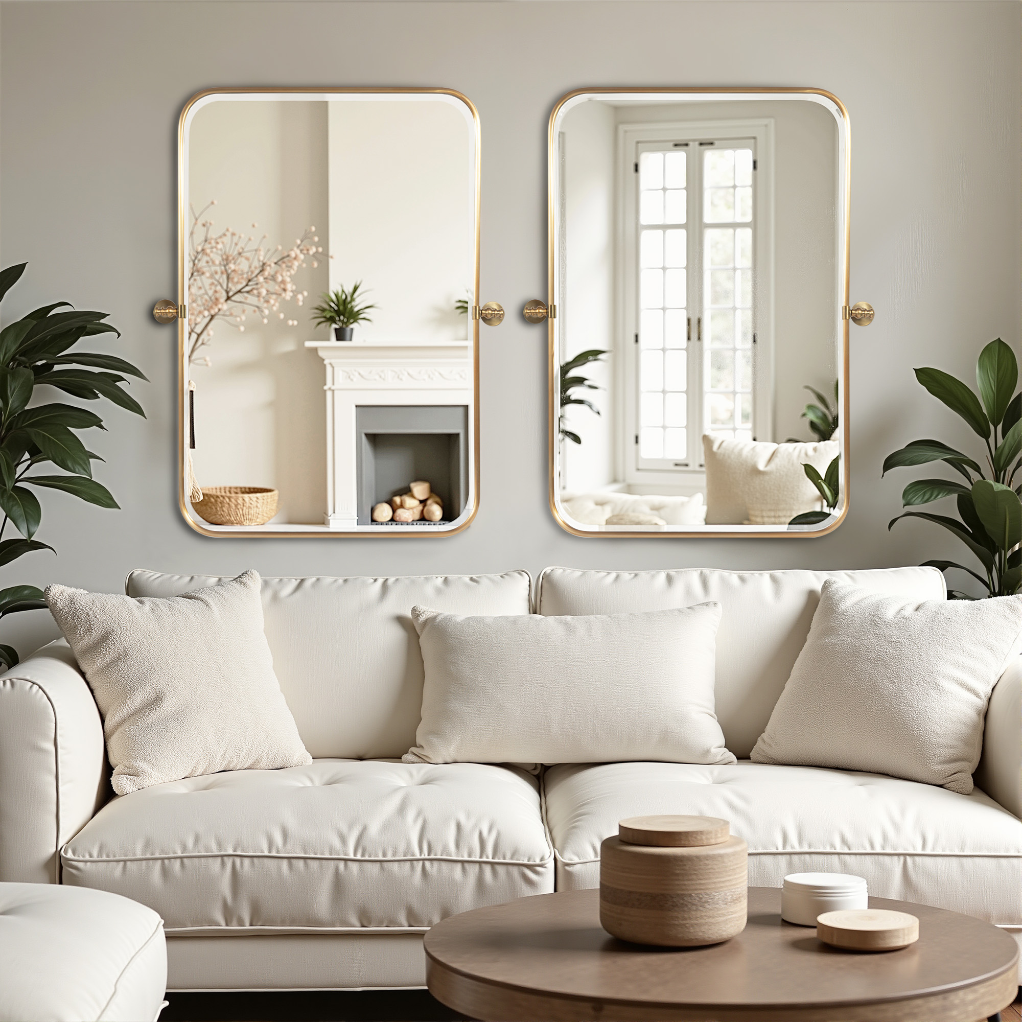 MAYEERTY 36x24 Iron Rounded Rectangle Gold Hardware Hanging Mirror