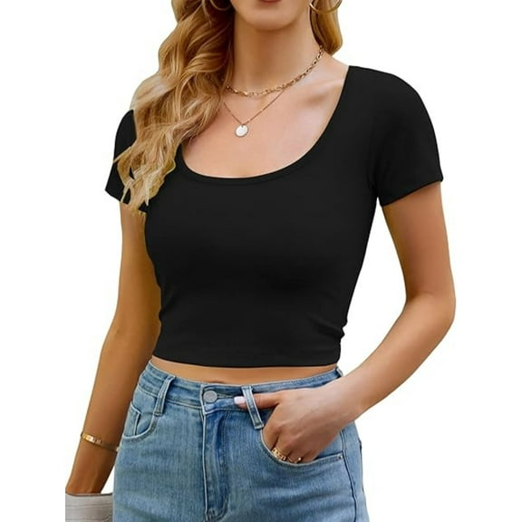 Women's Basic Scoop Neck Crop Tops Short Sleeve Tops