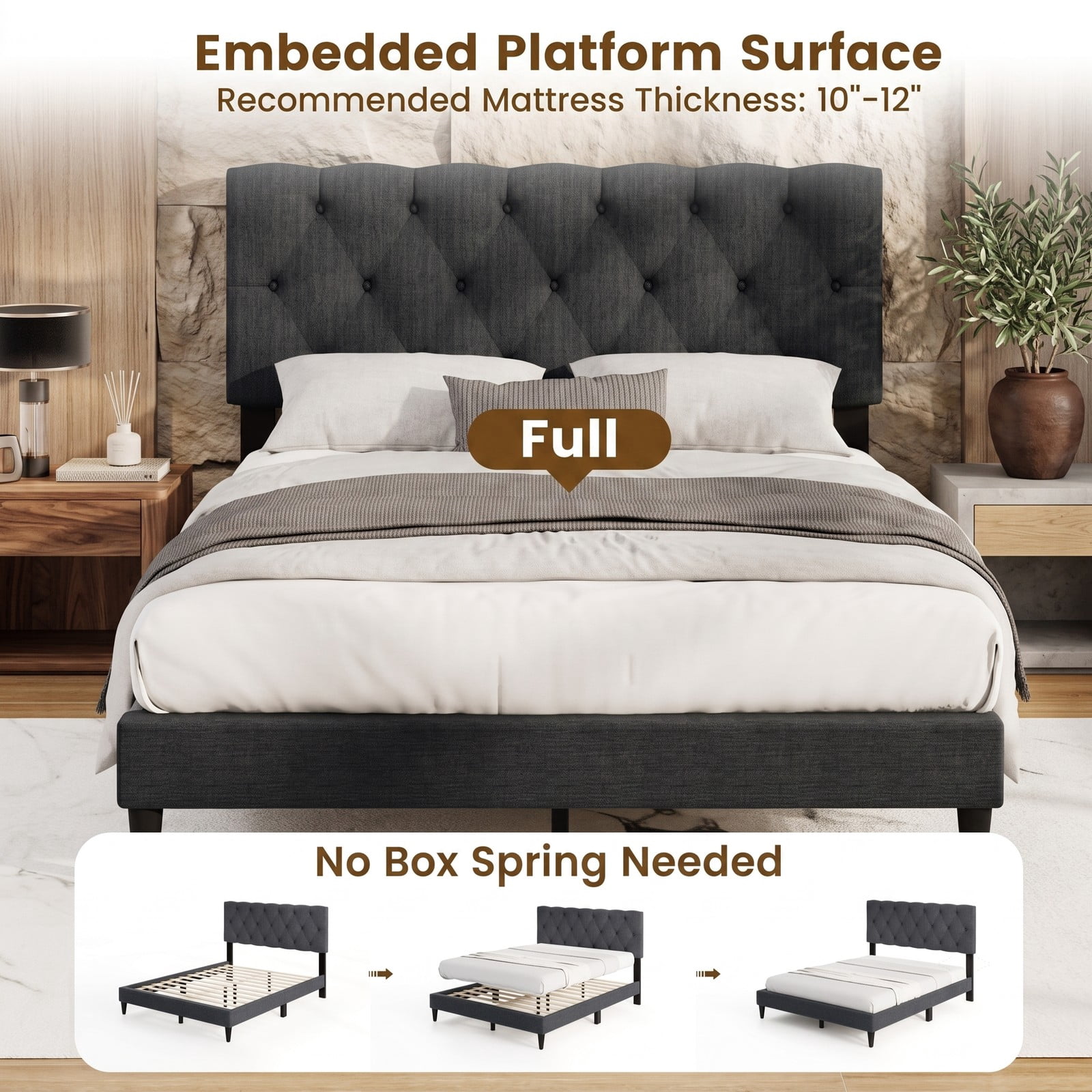 Furnibear Full Size Bed Frame Upholstered Platform Bed with Button Tufted Wingback Headboard and Wooden Slat Support for Bedroom Guest Room, Gray