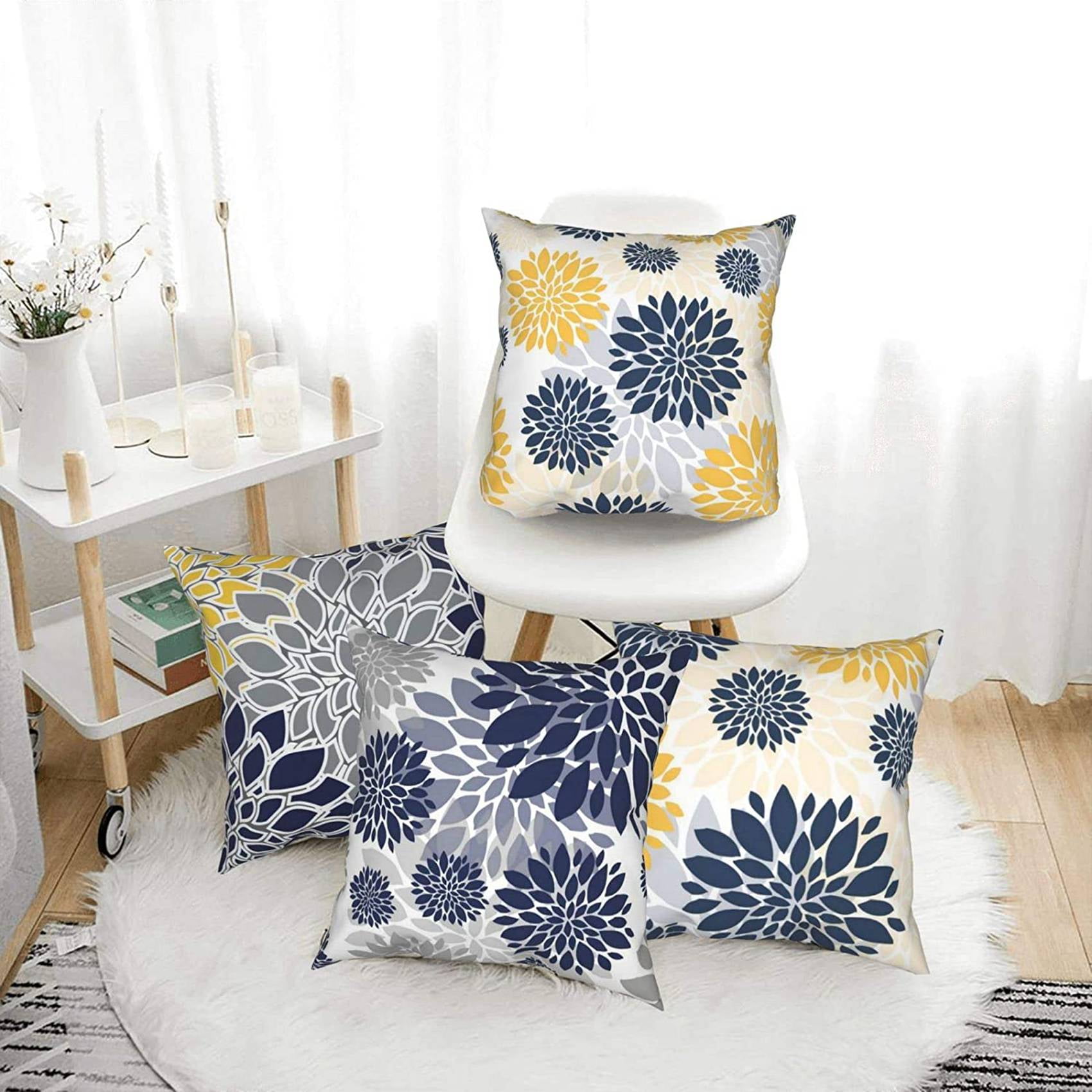 8x Throw Pillow Covers 18X18 Inch Navy Blue Gold Oversized Flower Geometry Square Pillow Cushion Cases