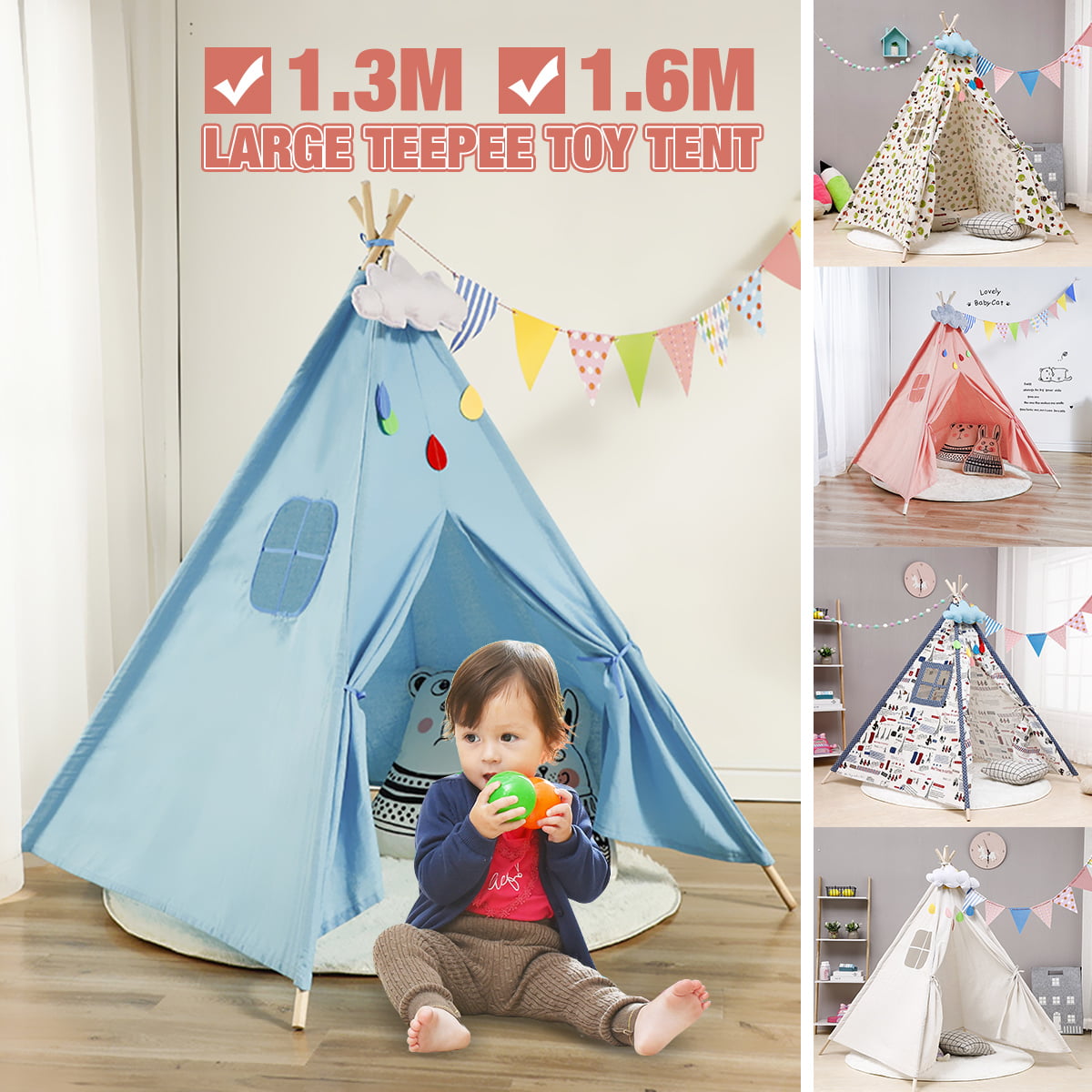 Indoor Outdoor Cotton Canvas Indian Play Tent Princess Castle Children Play House Sleeping Dome Birthday Gift Pink Teepee Tents for Kids
