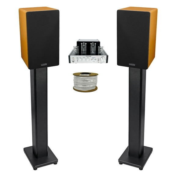 Rockville BluTube Tube Amplifier+6.5" Wood Bookshelf Speakers+36" Wood Stands + Rockville BLUE 14G50 OFC 14 Gauge 50 Foot 100% Copper Speaker Wire
