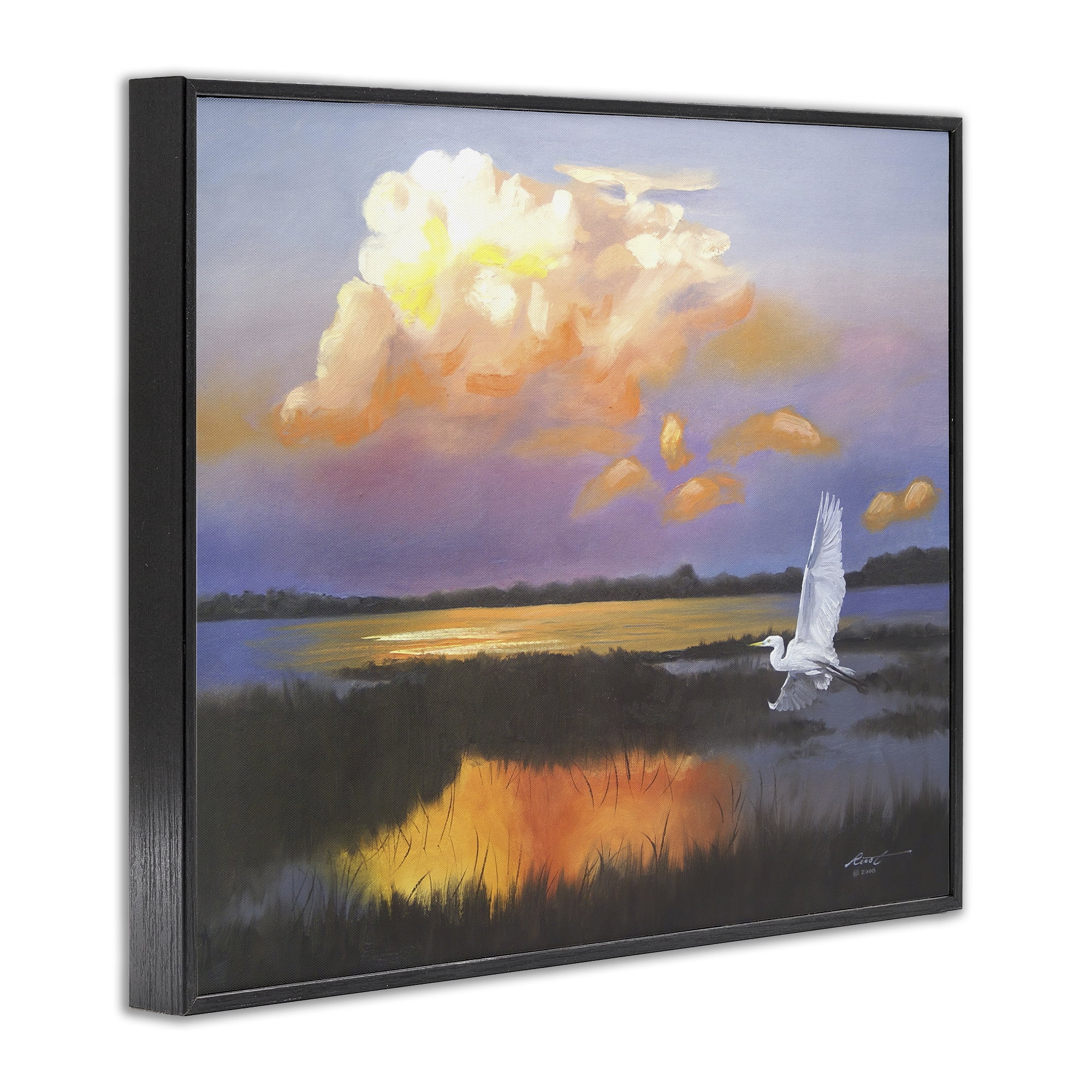 Stupell Industries Egret Over Cloudy Reflection Landscape Painting Black Framed Art Print Wall Art, 30 x 24