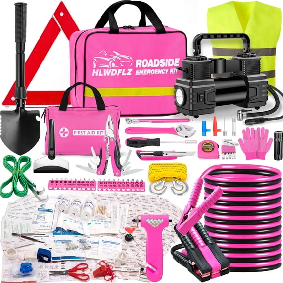 HLWDFLZ Car Emergency Kit with Portable Air Compressor - Roadside Assistance Emergency Kit with Jumper Cables, First Aid Kit, Auto Tool Set, Winter Safety Kit for Women, Men, Teen (Pink)