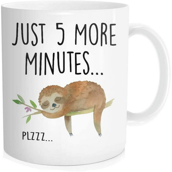 Funny Sloth Cup, Just 5 More Minutes Coffee Mug, Cute Tea Lazy Gift For Her Him, Birthday Christmas, 11 OZ White Ceramic