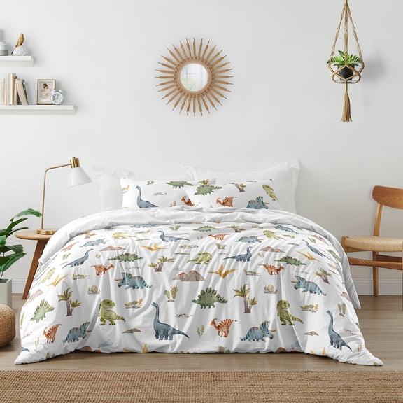 Sweet Jojo Designs Watercolor Dinosaur Dino Boy Queen Duvet Cover Bedding Set 3 Piece