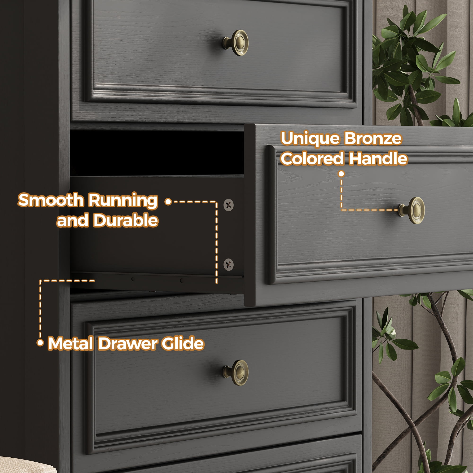 5 Drawer Dresser, Wood Chest of Drawers for Bedroom, Vintage Storage Cabinet Dresser Organizer Unit with Antique Bronze Round Handles for Living Room, Closet, Hallway, Entryway