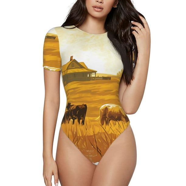 Fotbe Western Cowboy Ranch Body de Mujer con Cuello Redondo y Mangas Cortas, Sin Mangas Ajustado, Suave, Cómodo y Básico-Small