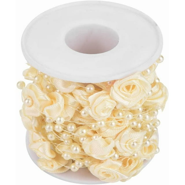 ZOUSSIQI Rose Beaded Ribbons, 32.8ft/roll Artificial Manual Rose Pearl Wire Beads Fabric Ribbon for Home & Garden Decoration, Wedding Garland, Beaded Curtain, Wedding Backdrop, CA919-27778