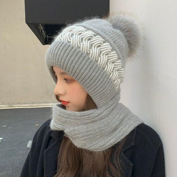 Gorro de mujer otoño e invierno versátil lindo gorro de punto a prueba de frío protección para los oídos protección para el cuello gorro de lana engrosado bufanda gorro integrado