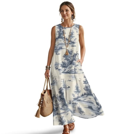 Xoenoiee Toile De Jouy Boat House Print Women's Summer Maxi Dresses 2026, Linen-Like Sleeveless Long Flowy Boho Beach Vacation Sundress Casual Clothes Tank Dress with Pockets for Ladies, S