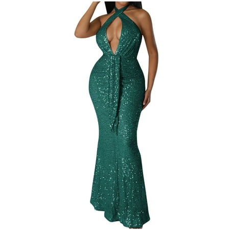 MIUOWANP Summer Women s Sleeveless Neck Hanging Hollow Strap Sequin Sexy Dress Sleeveless One line Shoulder Bag Hip Dress