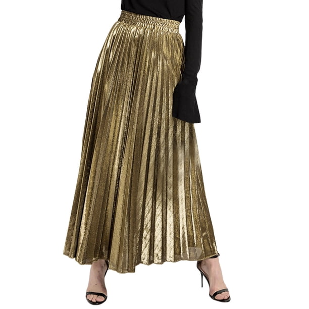 Gibobby faldas para mujer elegante plisada falda larga europea y americana de tamaño cintura alta swing falda de playa dorada femenina(Dorado, XL)