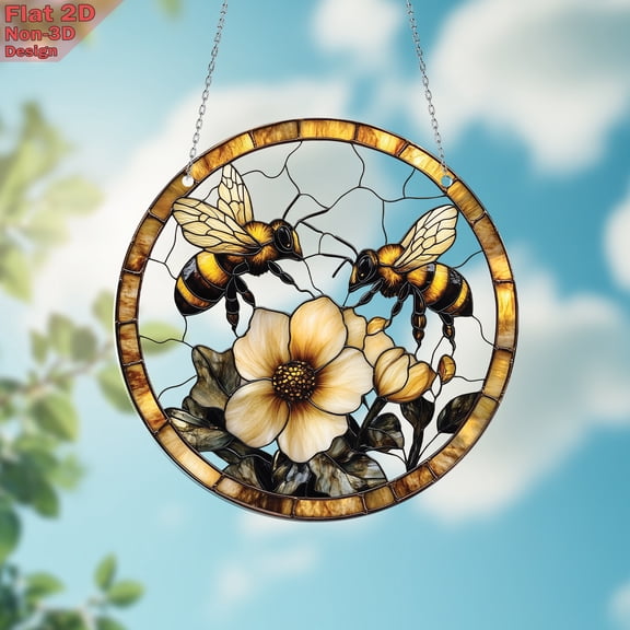 Bee and Flower Window Hanging Acrylic Decor, Flat 2D Sun Catcher Ornament, Honey Bee Lover Gift, Cute Bee Garden Floral Decoration for Home Window, Nature Inspired Room Aesthetic Decor