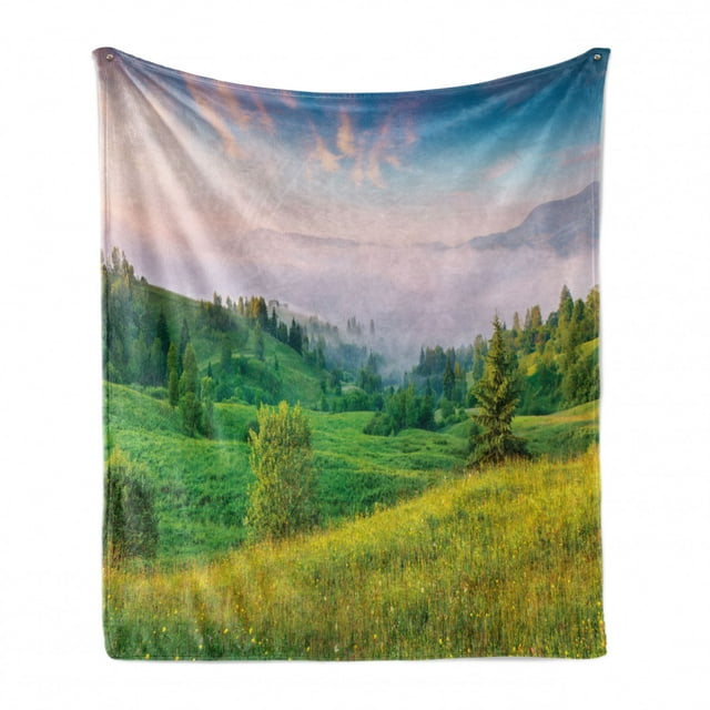 Landscape Soft Flannel Fleece Blanket, Idyllic Meadow View Foggy Summer Sunrise in Carpathian Mountains Highland, Cozy Plush for Indoor and Outdoor Use, 70" x 90", Lilac Yellow Green, by Ambesonne
