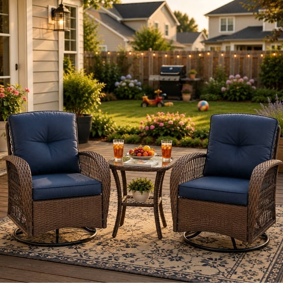 3 Piece Patio Swivel Rocker Chairs Set, 2 360-Degree Swivel Rocking Chairs with 1 Glass Top Table, PE Rattan Outdoor Bistro Set with Cushions for Balcony Deck Poolside Backyard Porch