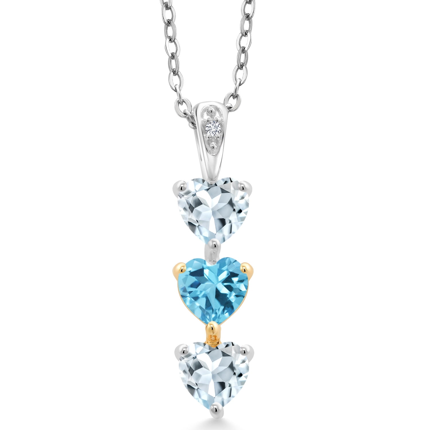 Gem Stone King Keren Hanan Lab Grown Diamond 3 Stone Heart Shape Pendant Necklace with Chain 1.39 Ct Sky Blue Aquamarine Swiss Blue Topaz 925 Silver and 10K Yellow Gold