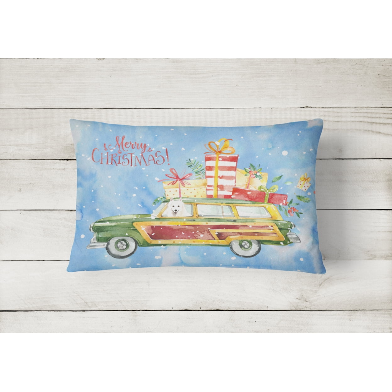 Carolines Treasures CK2410PW1216 Merry Christmas Japanese Spitz Canvas Fabric Decorative Pillow 12H x16W multicolor