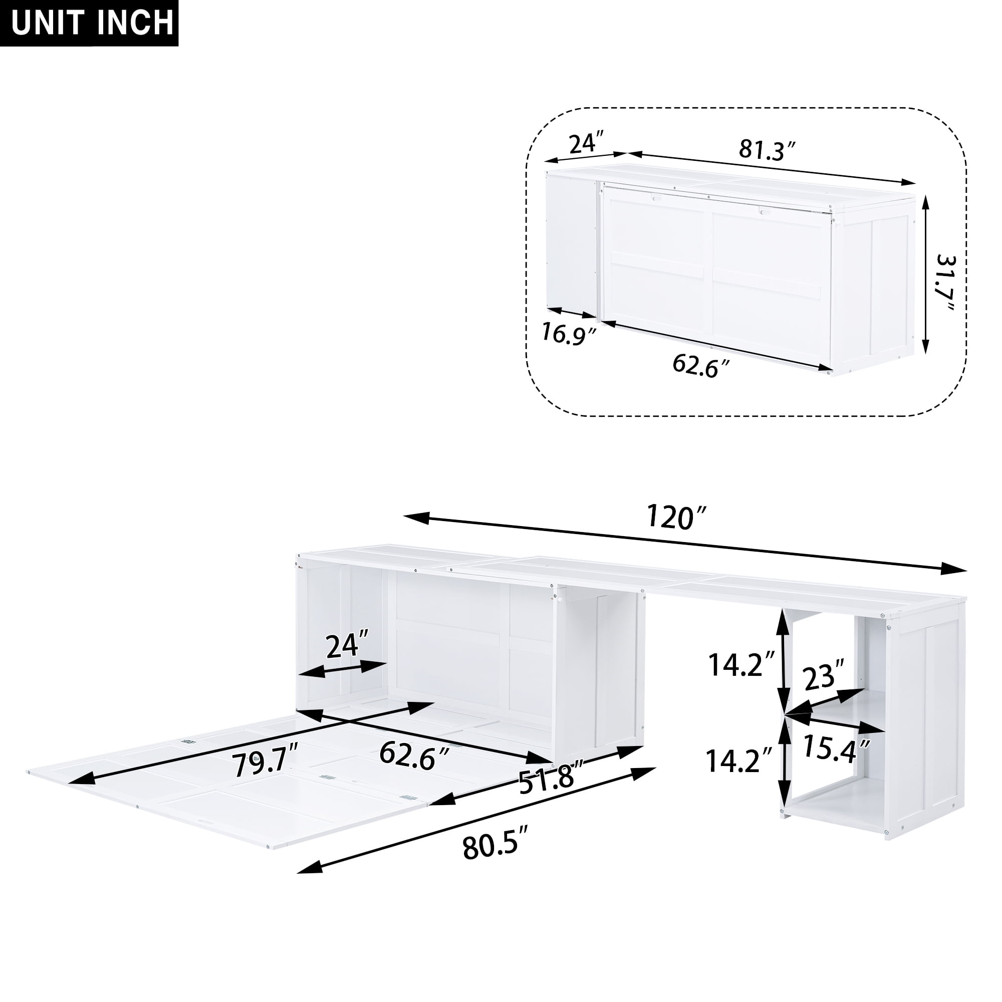 Bellemave Murphy Bed Queen Size, Murphy Cabinet Bed with Rotable Desk and Shelves, Easy Fold Wood Murphy Floor Bed for Guest Room Home Office（White)