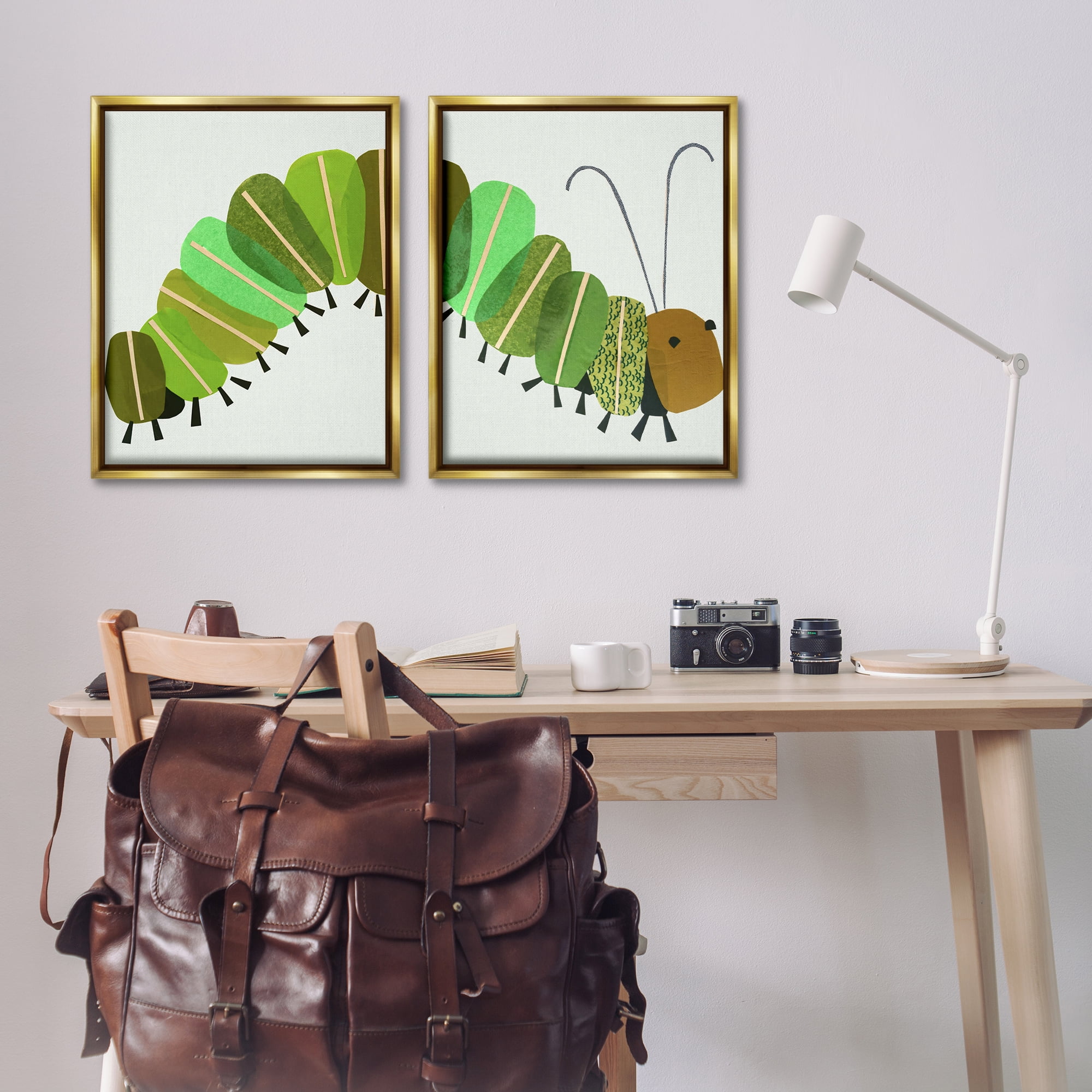 Stupell Industries Cute Cozy Caterpillar Animals Painting Gold Floater Framed Canvas Art Print Wall Art, 31 x 25, Set of 2