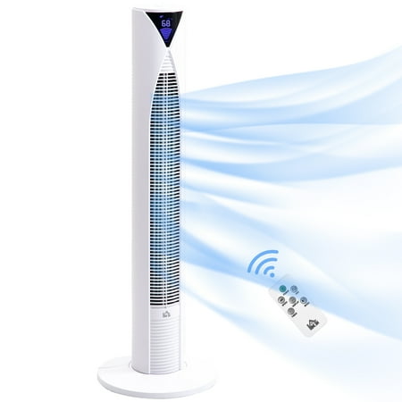 

HOMCOM 37.75 70Â° Oscillating Tower Fan Cooling for Bedroom with 3 Speeds 12H Timer LED Panel and Remote Control White