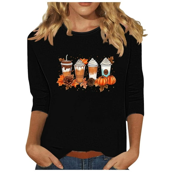 LYEAA Halloween 3/4 Length Sleeve Womens Tops Crew Neck Regular Straight Cuff Casual Wear Printed Holiday Clothes Black 2XL