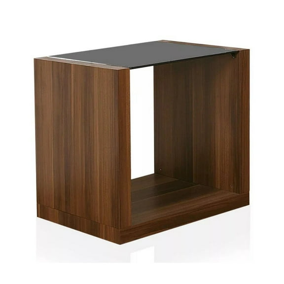 Bere 24 Inch Side End Table- Black Glass Top- Open Bottom Shelf- Brown Wood