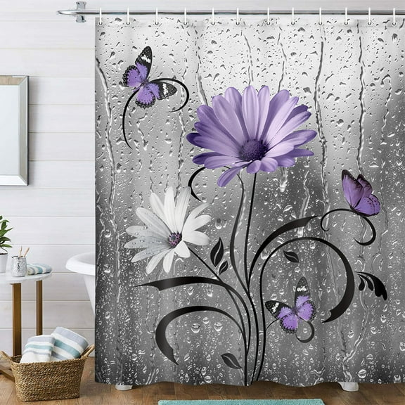Rustic Purple Floral Boho Shower Curtain, Country Farmhouse Daisy Spring Flowers and Butterfly Shower Curtain for Bathroom, Grey Gray Violet Surreal Floral Bathroom Curtain with 12PCS Hooks, 70X75IN