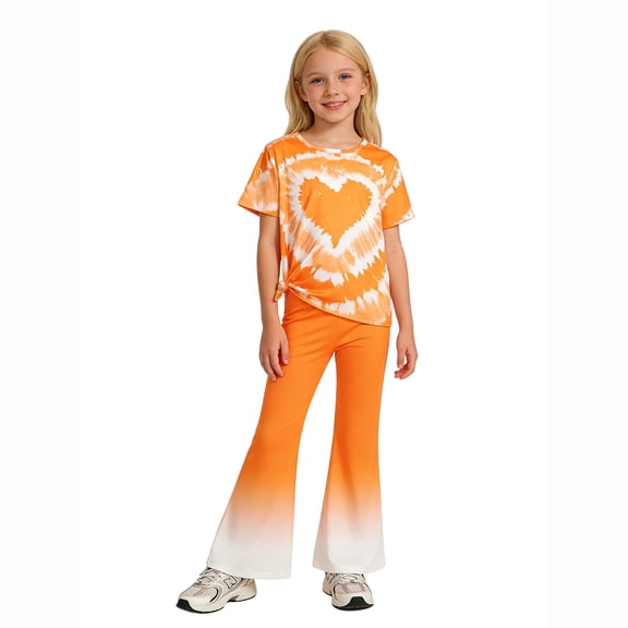 Girls Summer Outfits Size 9-10Y Crew Short Sleeve Tie Dye Heart Top with Flare Pants Kids Fall Spring Trendy Set Girl Clothes