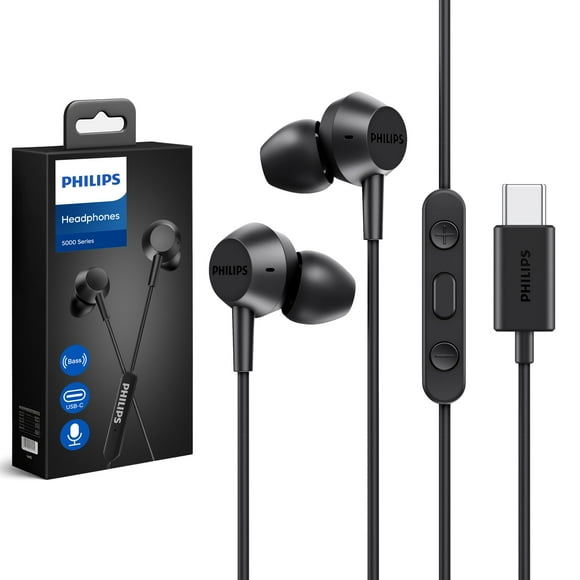PHILIPS Auriculares con cable USB C con micrófono, auriculares in-ear tipo C con micrófono, graves potentes, ligeros, auriculares con cable USB-C, auriculares remotos en línea de 3 botones con cable