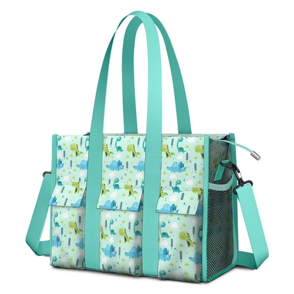 Teacher Tote Bag,LightBlue Dinosaurs Trees Pattern Teacher Utility Tote Bag,Large Work Tote Bags for Women with Multiple Pockets,Top Zipper Closure,13.8x10.6x6.7 Inch