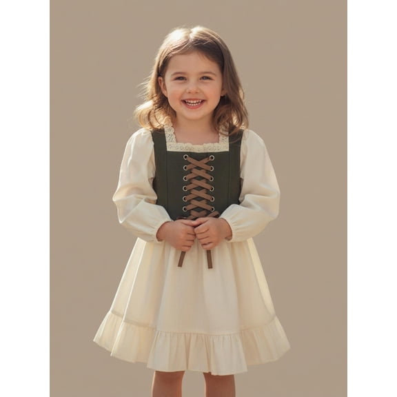 Little Girl Contrast Patchwork Dress Lace Trim Square Neck Long Sleeve Ruffle Dresses for Spring Fall