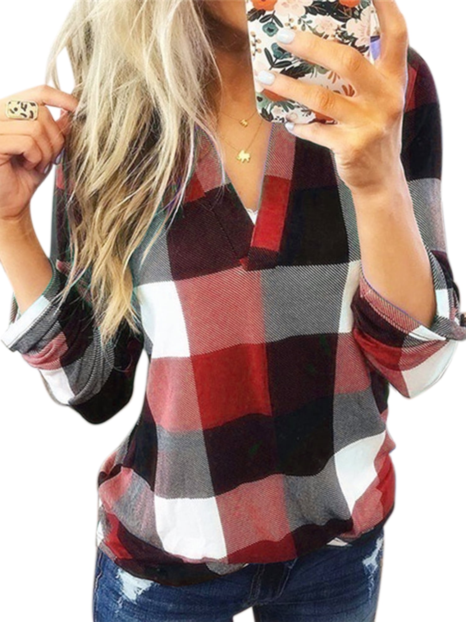 Long Sleeve Comfy Plaid Crew Neck Check Smock Casual T Shirt Women's Blouse 