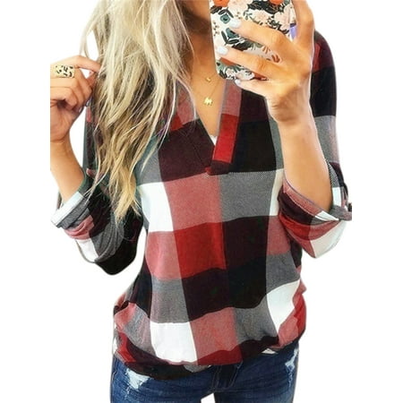 Plus Size New Fashion V Neck Plaid Pullover Tops Bouse For Women Autumn Winter Thin Casual Loose Long Sleeve Shirt Blouse Bottom Tops