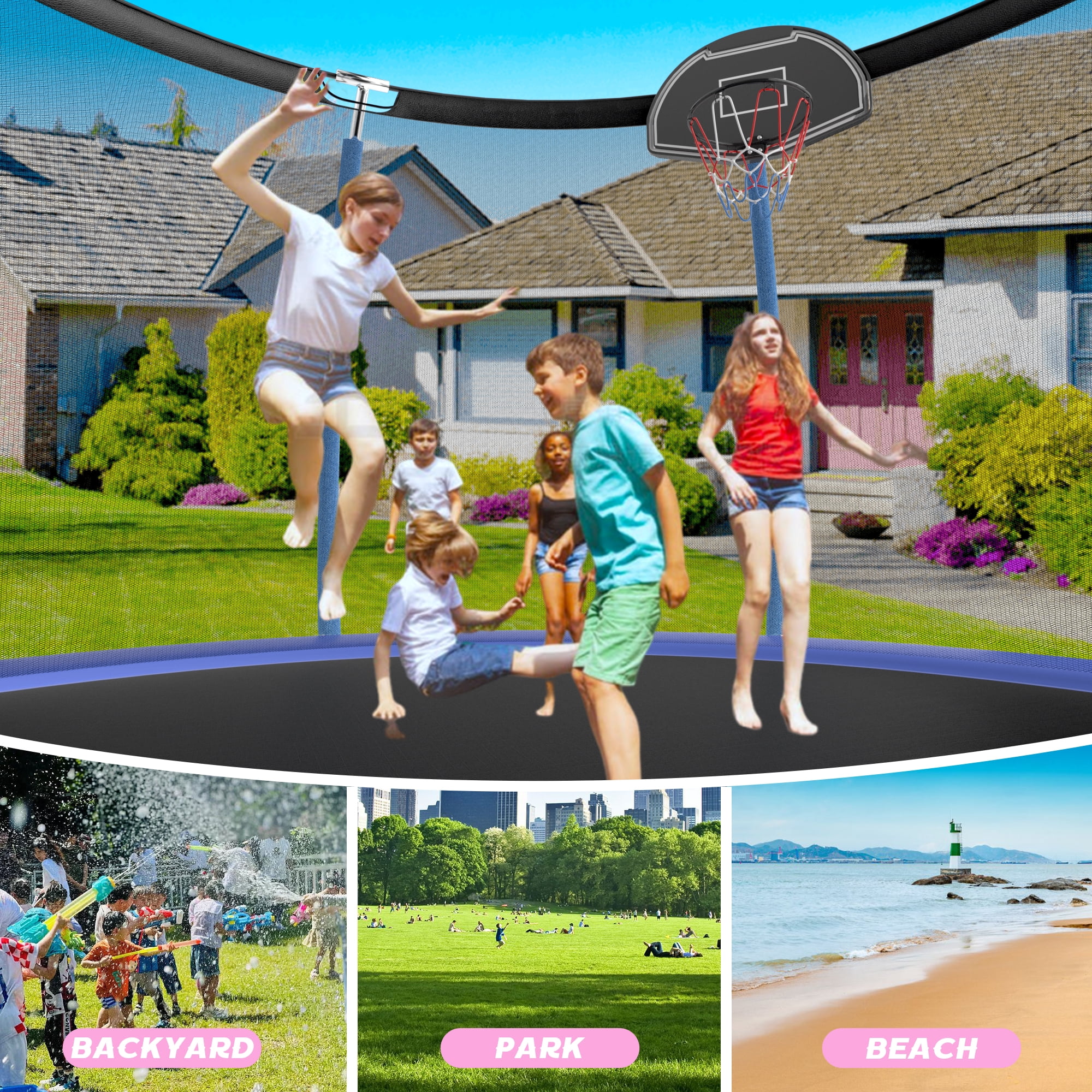 Shengchao Trade 1000LBS 12FT Trampoline for Adults and Kids,Trampoline with Enclosure,Basketball Hoop, Light,Recreational Trampoline with Ladder, Heavy Duty Trampoline Capacity for 4-6 Kids