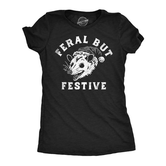 Womens Funny T Shirts Feral But Festive Sarcastic Christmas Possum Graphic Tee for Ladies Womens Graphic Tees