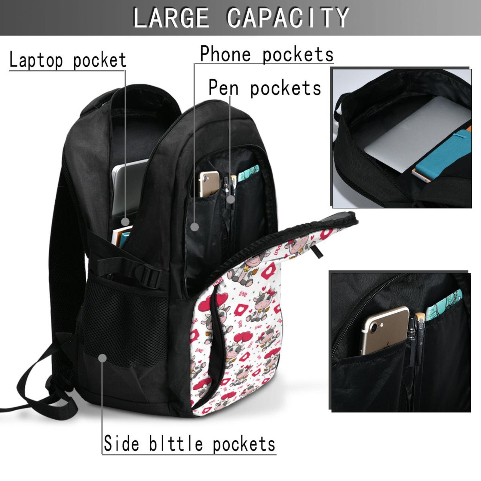 Ratiio Caring Cow Print Travel Laptop Backpack,Slim Sturdy Laptops Backpack with USB Charging Port, Water Resistant College School Computer Bag