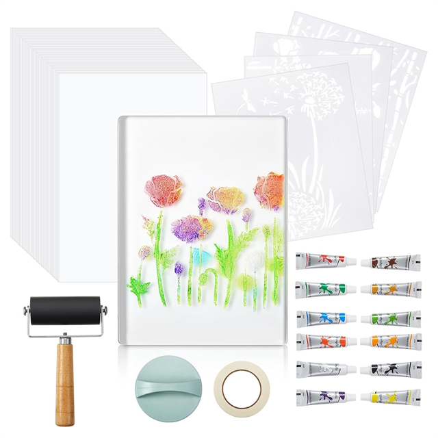 5x7 Gel Printing Plate Kit - with Acrylic Paint, Papers& Tools for Mixed Media Art, Card Making - Beginner & Art Class