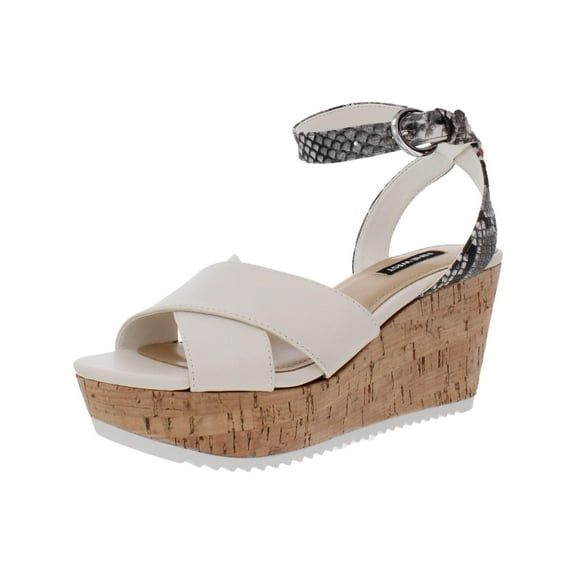 Nine West Womens Dureen 3 Faux Leather Wedge Sandals White 8 Medium (B,M)